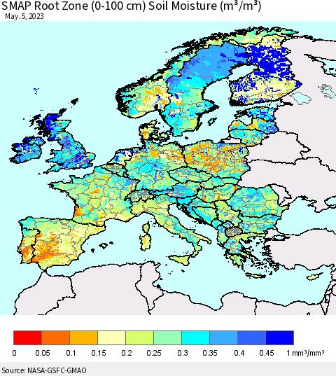 Europe SMAP Root Zone (0-100 cm) Soil Moisture (m³/m³) Thematic Map For 5/1/2023 - 5/5/2023