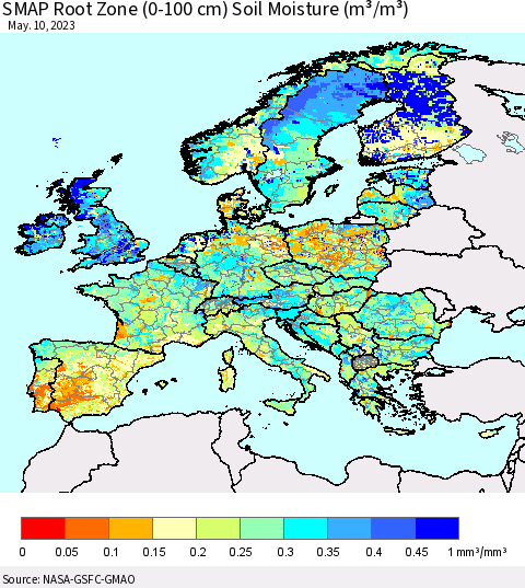 Europe SMAP Root Zone (0-100 cm) Soil Moisture (m³/m³) Thematic Map For 5/6/2023 - 5/10/2023