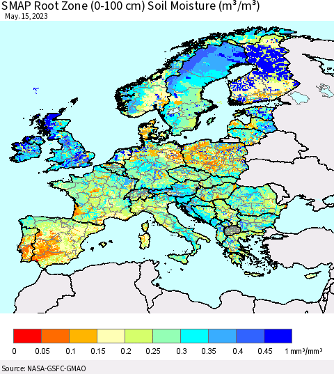 Europe SMAP Root Zone (0-100 cm) Soil Moisture (m³/m³) Thematic Map For 5/11/2023 - 5/15/2023