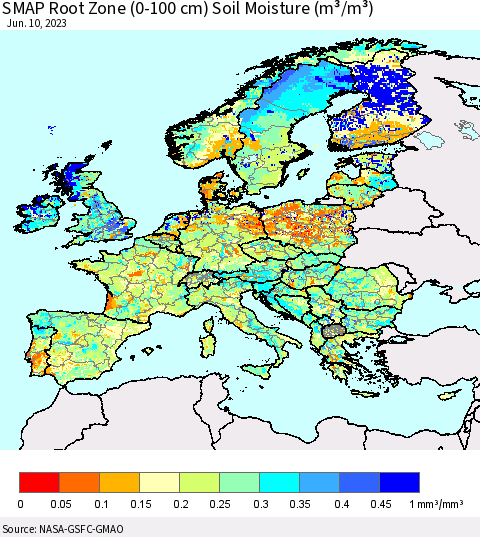 Europe SMAP Root Zone (0-100 cm) Soil Moisture (m³/m³) Thematic Map For 6/6/2023 - 6/10/2023