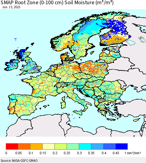 Europe SMAP Root Zone (0-100 cm) Soil Moisture (m³/m³) Thematic Map For 6/11/2023 - 6/15/2023