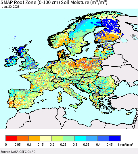 Europe SMAP Root Zone (0-100 cm) Soil Moisture (m³/m³) Thematic Map For 6/16/2023 - 6/20/2023
