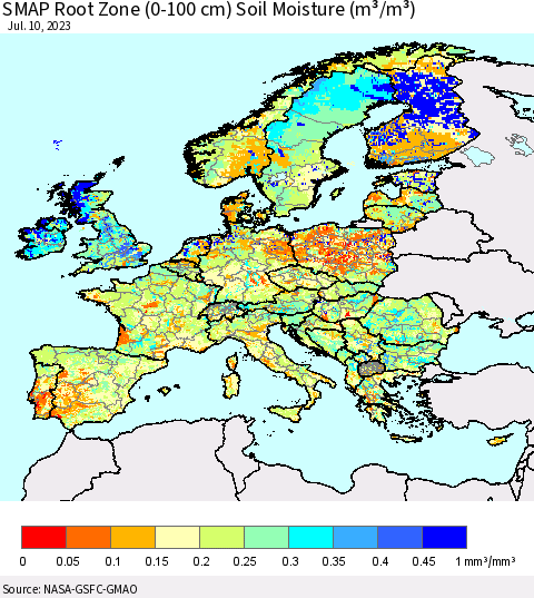 Europe SMAP Root Zone (0-100 cm) Soil Moisture (m³/m³) Thematic Map For 7/6/2023 - 7/10/2023