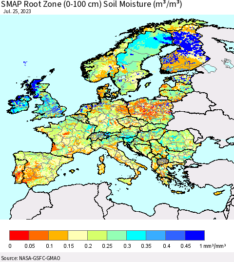 Europe SMAP Root Zone (0-100 cm) Soil Moisture (m³/m³) Thematic Map For 7/21/2023 - 7/25/2023