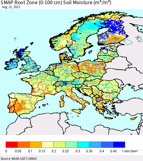 Europe SMAP Root Zone (0-100 cm) Soil Moisture (m³/m³) Thematic Map For 8/26/2023 - 8/31/2023