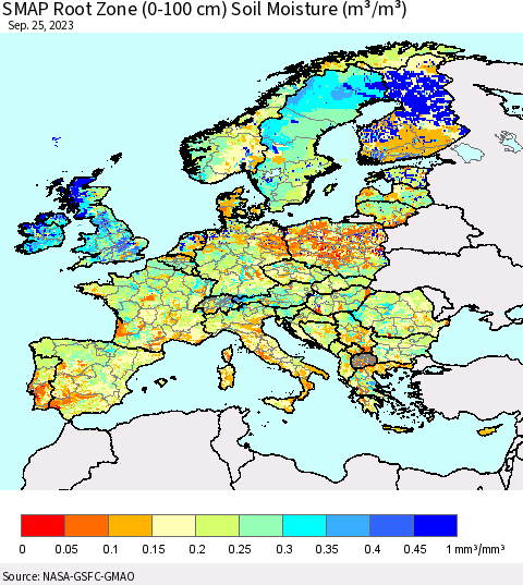 Europe SMAP Root Zone (0-100 cm) Soil Moisture (m³/m³) Thematic Map For 9/21/2023 - 9/25/2023