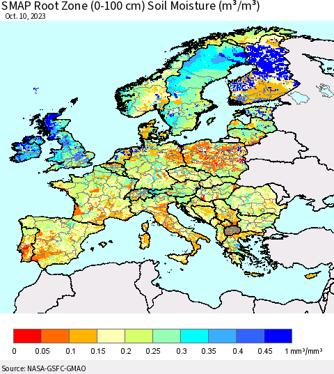 Europe SMAP Root Zone (0-100 cm) Soil Moisture (m³/m³) Thematic Map For 10/6/2023 - 10/10/2023