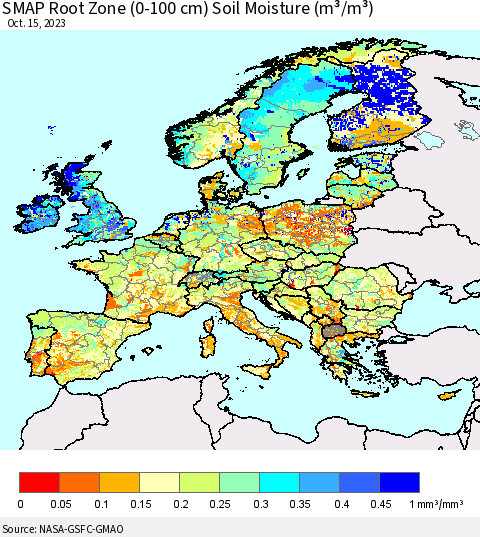 Europe SMAP Root Zone (0-100 cm) Soil Moisture (m³/m³) Thematic Map For 10/11/2023 - 10/15/2023