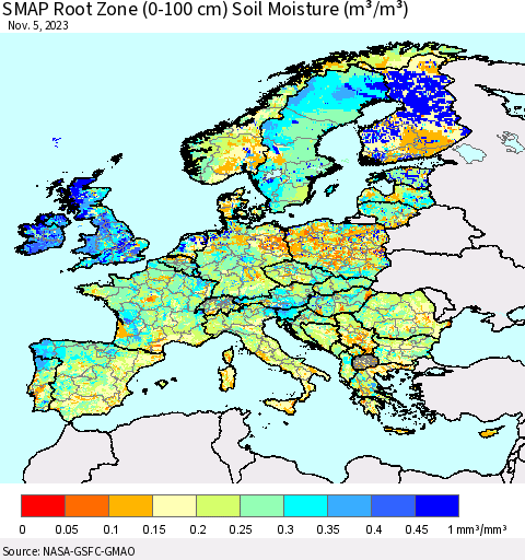 Europe SMAP Root Zone (0-100 cm) Soil Moisture (m³/m³) Thematic Map For 11/1/2023 - 11/5/2023