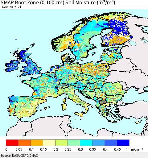 Europe SMAP Root Zone (0-100 cm) Soil Moisture (m³/m³) Thematic Map For 11/16/2023 - 11/20/2023