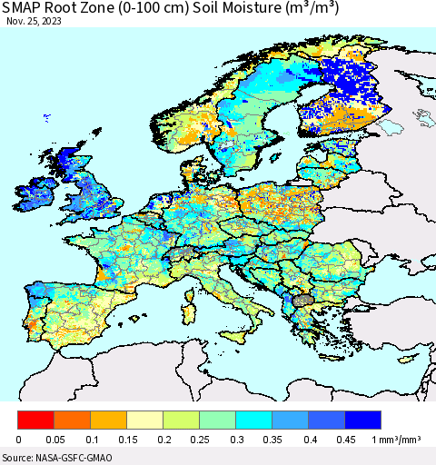 Europe SMAP Root Zone (0-100 cm) Soil Moisture (m³/m³) Thematic Map For 11/21/2023 - 11/25/2023