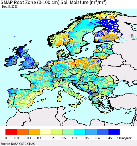 Europe SMAP Root Zone (0-100 cm) Soil Moisture (m³/m³) Thematic Map For 12/1/2023 - 12/5/2023