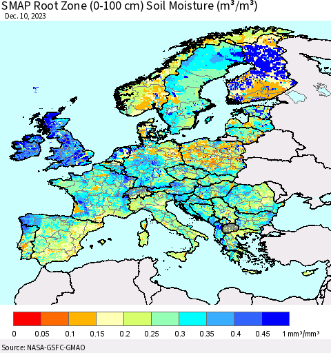 Europe SMAP Root Zone (0-100 cm) Soil Moisture (m³/m³) Thematic Map For 12/6/2023 - 12/10/2023