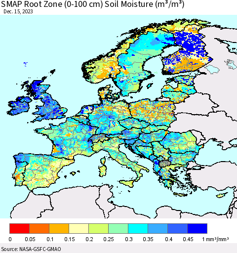 Europe SMAP Root Zone (0-100 cm) Soil Moisture (m³/m³) Thematic Map For 12/11/2023 - 12/15/2023
