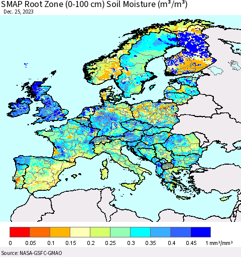 Europe SMAP Root Zone (0-100 cm) Soil Moisture (m³/m³) Thematic Map For 12/21/2023 - 12/25/2023