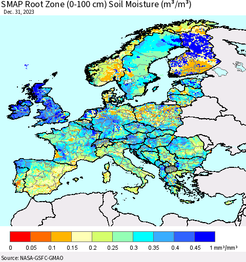 Europe SMAP Root Zone (0-100 cm) Soil Moisture (m³/m³) Thematic Map For 12/26/2023 - 12/31/2023