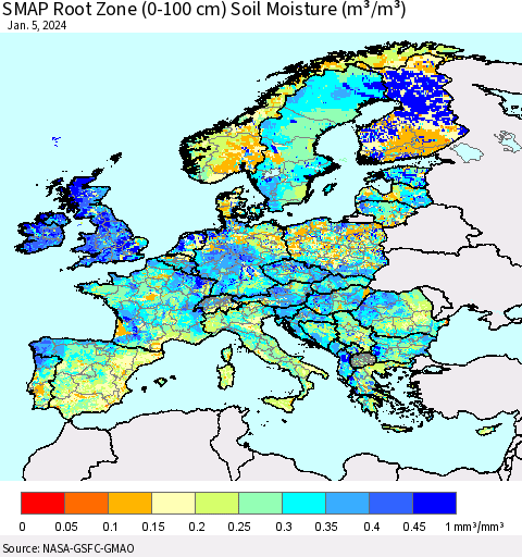 Europe SMAP Root Zone (0-100 cm) Soil Moisture (m³/m³) Thematic Map For 1/1/2024 - 1/5/2024