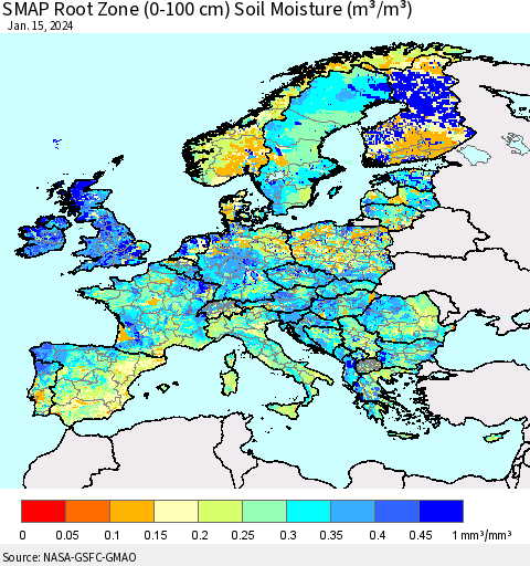 Europe SMAP Root Zone (0-100 cm) Soil Moisture (m³/m³) Thematic Map For 1/11/2024 - 1/15/2024