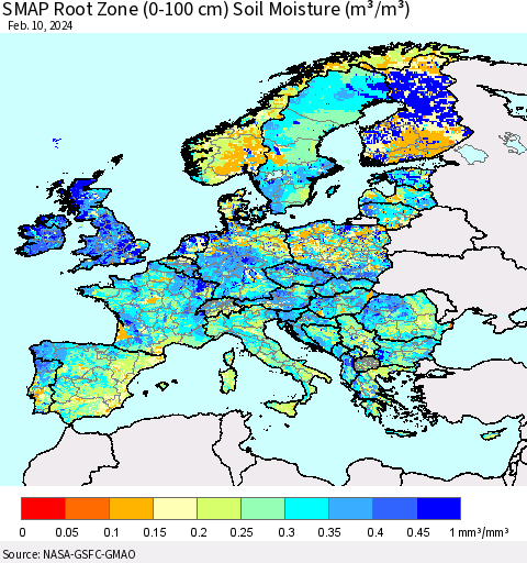 Europe SMAP Root Zone (0-100 cm) Soil Moisture (m³/m³) Thematic Map For 2/6/2024 - 2/10/2024