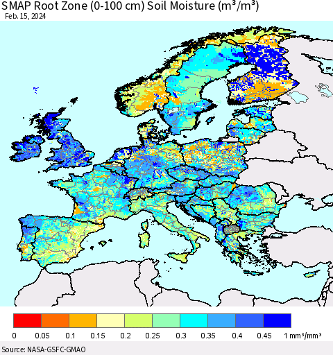 Europe SMAP Root Zone (0-100 cm) Soil Moisture (m³/m³) Thematic Map For 2/11/2024 - 2/15/2024