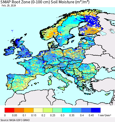 Europe SMAP Root Zone (0-100 cm) Soil Moisture (m³/m³) Thematic Map For 2/26/2024 - 2/29/2024