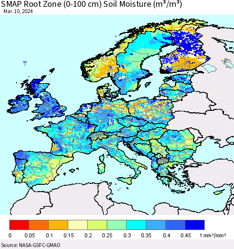 Europe SMAP Root Zone (0-100 cm) Soil Moisture (m³/m³) Thematic Map For 3/6/2024 - 3/10/2024