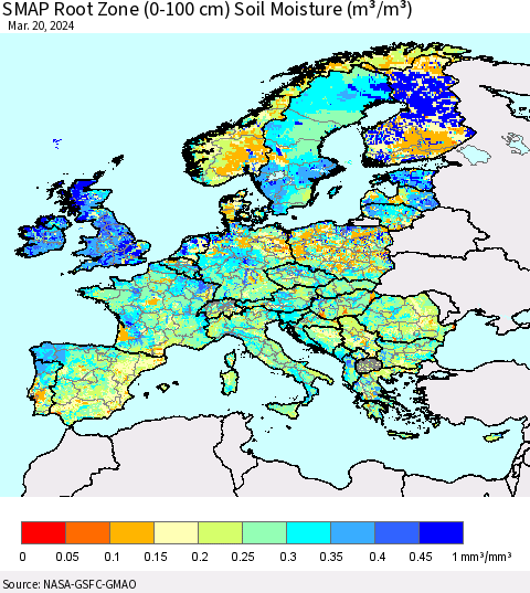 Europe SMAP Root Zone (0-100 cm) Soil Moisture (m³/m³) Thematic Map For 3/16/2024 - 3/20/2024