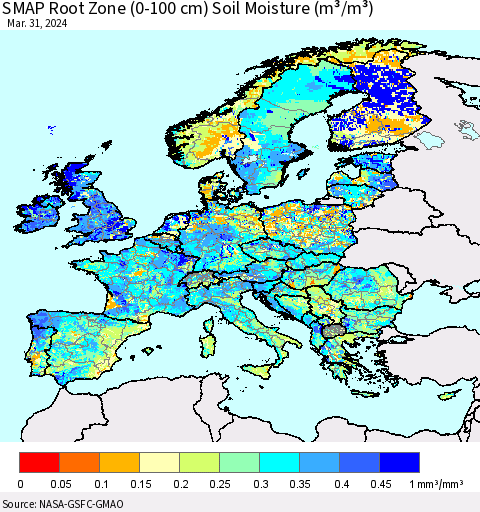 Europe SMAP Root Zone (0-100 cm) Soil Moisture (m³/m³) Thematic Map For 3/26/2024 - 3/31/2024
