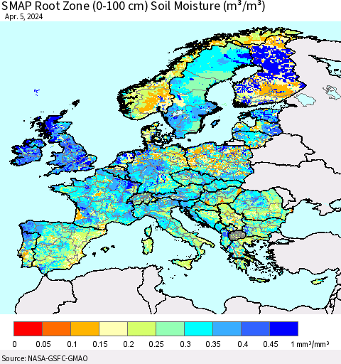 Europe SMAP Root Zone (0-100 cm) Soil Moisture (m³/m³) Thematic Map For 4/1/2024 - 4/5/2024