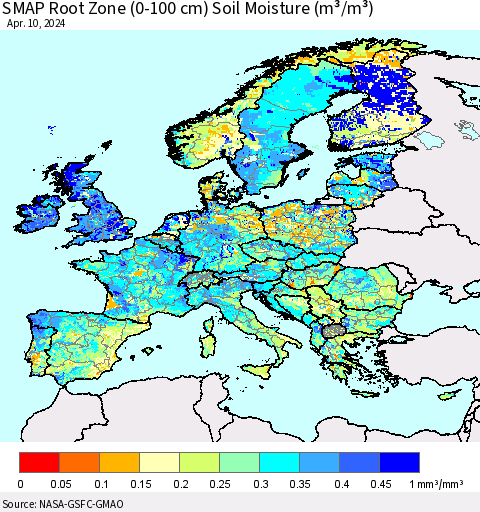 Europe SMAP Root Zone (0-100 cm) Soil Moisture (m³/m³) Thematic Map For 4/6/2024 - 4/10/2024
