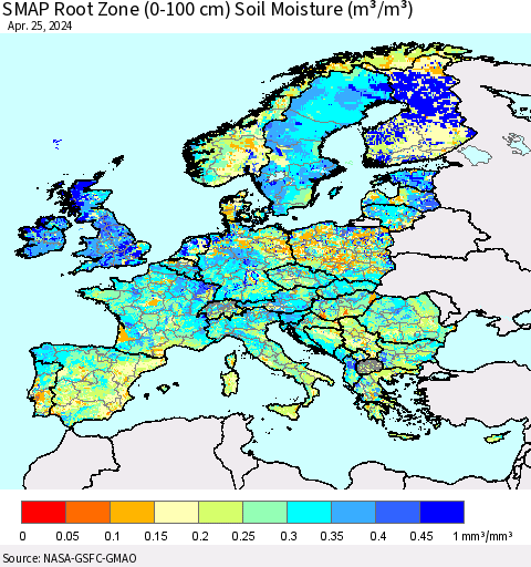 Europe SMAP Root Zone (0-100 cm) Soil Moisture (m³/m³) Thematic Map For 4/21/2024 - 4/25/2024