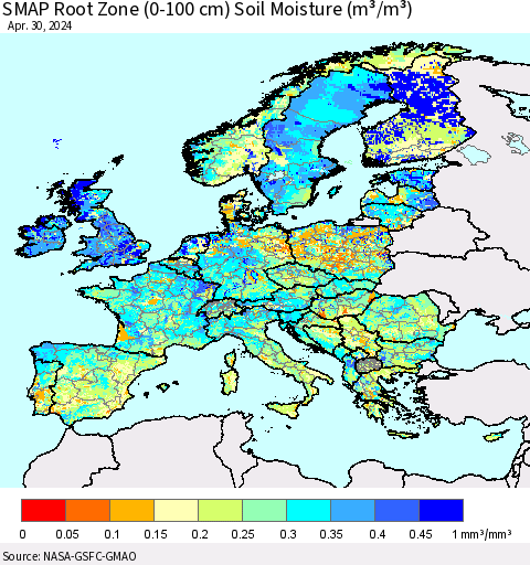 Europe SMAP Root Zone (0-100 cm) Soil Moisture (m³/m³) Thematic Map For 4/26/2024 - 4/30/2024