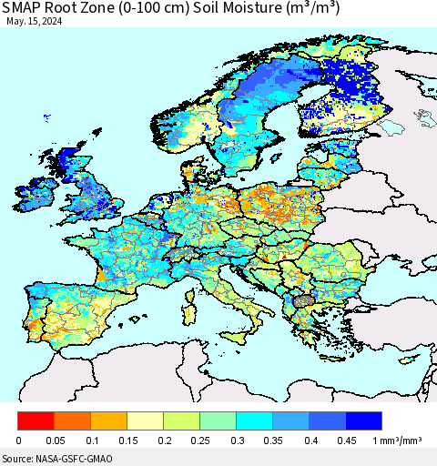 Europe SMAP Root Zone (0-100 cm) Soil Moisture (m³/m³) Thematic Map For 5/11/2024 - 5/15/2024