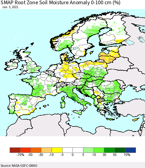 Europe SMAP Root Zone (0-100 cm) Soil Moisture Anomaly (%) Thematic Map For 1/1/2021 - 1/5/2021