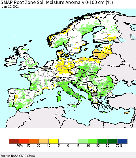 Europe SMAP Root Zone (0-100 cm) Soil Moisture Anomaly (%) Thematic Map For 1/6/2021 - 1/10/2021