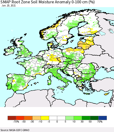 Europe SMAP Root Zone (0-100 cm) Soil Moisture Anomaly (%) Thematic Map For 1/16/2021 - 1/20/2021