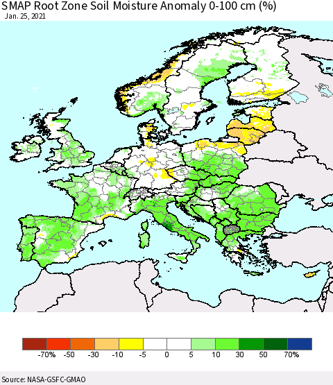 Europe SMAP Root Zone (0-100 cm) Soil Moisture Anomaly (%) Thematic Map For 1/21/2021 - 1/25/2021