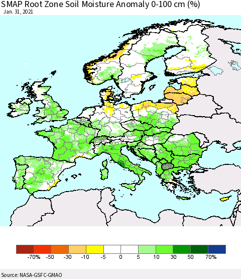 Europe SMAP Root Zone (0-100 cm) Soil Moisture Anomaly (%) Thematic Map For 1/26/2021 - 1/31/2021