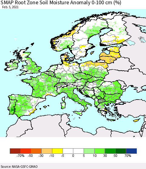 Europe SMAP Root Zone (0-100 cm) Soil Moisture Anomaly (%) Thematic Map For 2/1/2021 - 2/5/2021