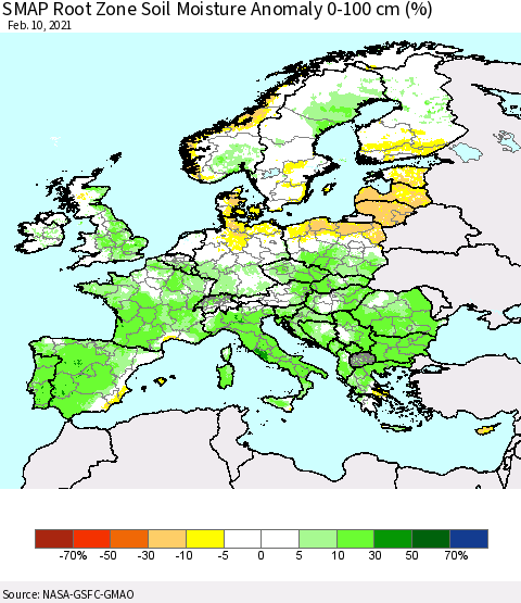 Europe SMAP Root Zone (0-100 cm) Soil Moisture Anomaly (%) Thematic Map For 2/6/2021 - 2/10/2021