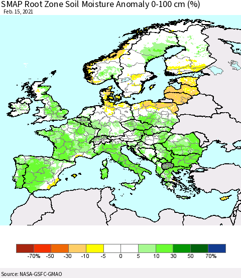 Europe SMAP Root Zone (0-100 cm) Soil Moisture Anomaly (%) Thematic Map For 2/11/2021 - 2/15/2021