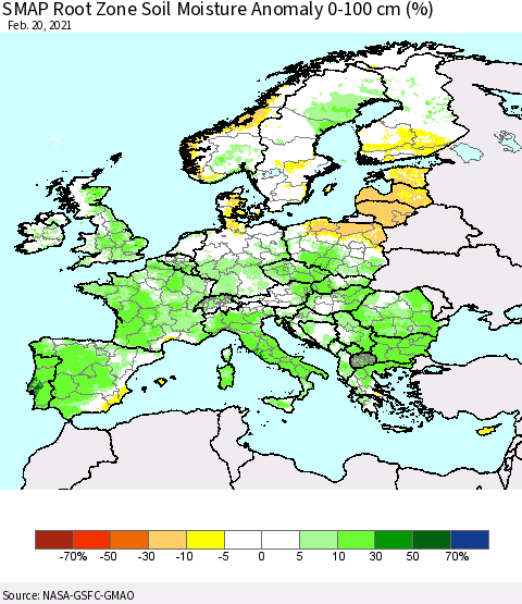 Europe SMAP Root Zone (0-100 cm) Soil Moisture Anomaly (%) Thematic Map For 2/16/2021 - 2/20/2021