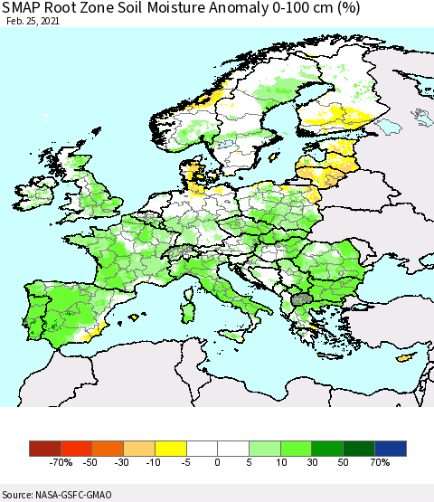 Europe SMAP Root Zone (0-100 cm) Soil Moisture Anomaly (%) Thematic Map For 2/21/2021 - 2/25/2021