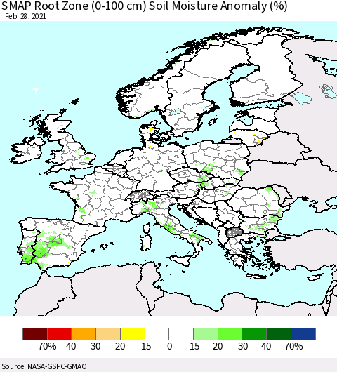 Europe SMAP Root Zone (0-100 cm) Soil Moisture Anomaly (%) Thematic Map For 2/26/2021 - 2/28/2021