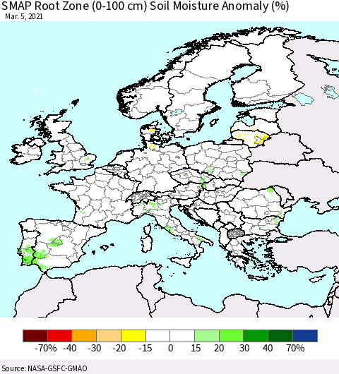 Europe SMAP Root Zone (0-100 cm) Soil Moisture Anomaly (%) Thematic Map For 3/1/2021 - 3/5/2021