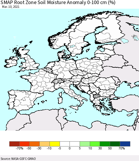 Europe SMAP Root Zone (0-100 cm) Soil Moisture Anomaly (%) Thematic Map For 3/6/2021 - 3/10/2021