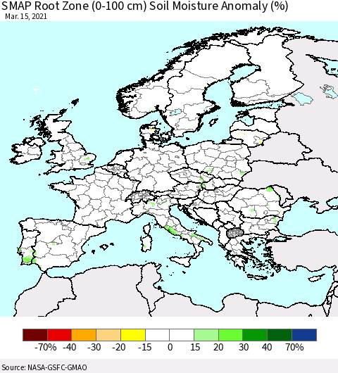 Europe SMAP Root Zone (0-100 cm) Soil Moisture Anomaly (%) Thematic Map For 3/11/2021 - 3/15/2021