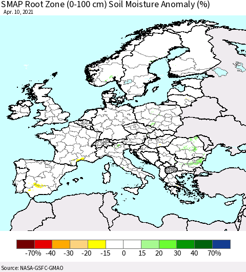 Europe SMAP Root Zone (0-100 cm) Soil Moisture Anomaly (%) Thematic Map For 4/6/2021 - 4/10/2021