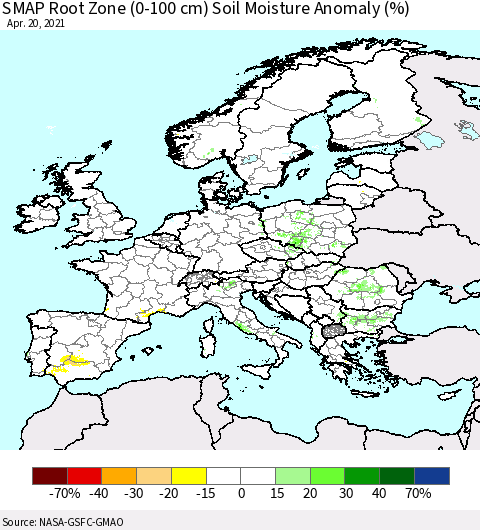 Europe SMAP Root Zone (0-100 cm) Soil Moisture Anomaly (%) Thematic Map For 4/16/2021 - 4/20/2021