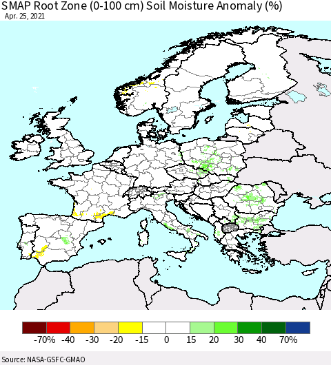 Europe SMAP Root Zone (0-100 cm) Soil Moisture Anomaly (%) Thematic Map For 4/21/2021 - 4/25/2021